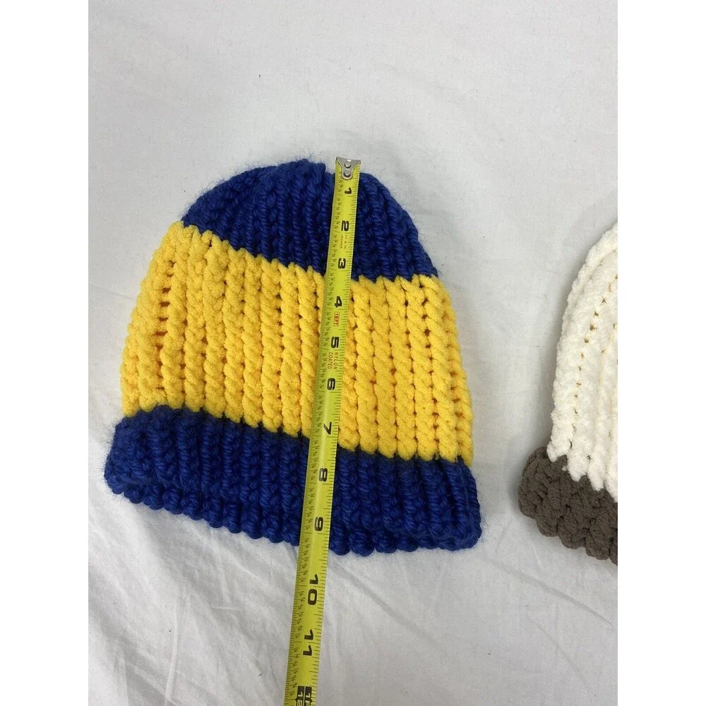 Handmade Knitted Hats Blue And Gold Cream And Brown Stretch Michigan Colors